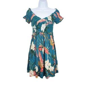 Patrons of Peace Womens Teal Lagoon Floral Print Smocked Mini Dress Size S NWT